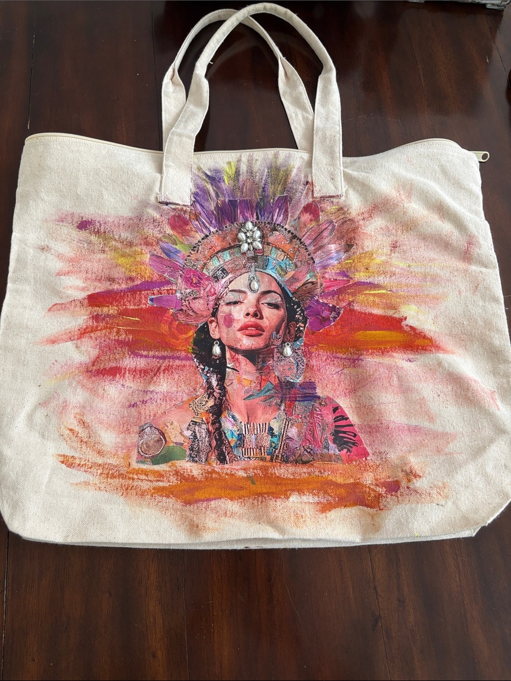 One of a kind!!  Canvas decoupage Tote Bag with Colorful Boho Portrait Print